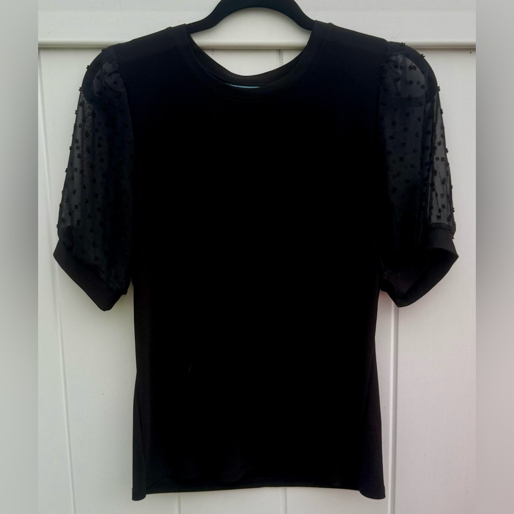 CeCe Black Short Sleeve Top W/See Through Polka Dot Pattern On Sleeves, Small - Picture 1 of 5